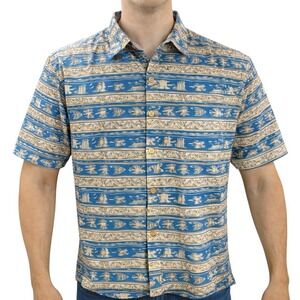 Cooke Street Hawaiian Aloha‎ Shirt Large Tribal Symbols Fish Stripes Blue Tan